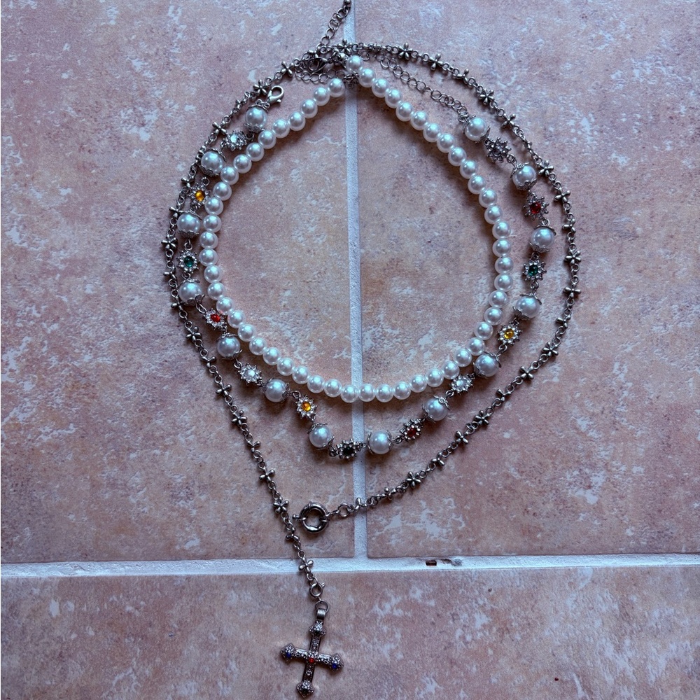 Pearl and Silver Rosary Necklace 3 Piece set